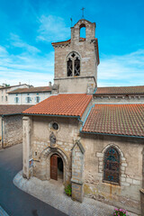 Historic medieval village of Cervières, Loire, France, medieval village. Sainte Foy church in the centre of the village.