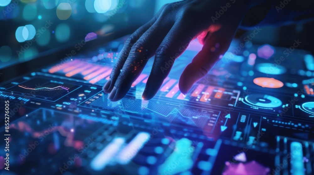 Poster a hand interacts with a holographic interface, revealing data and graphs in vibrant colors.