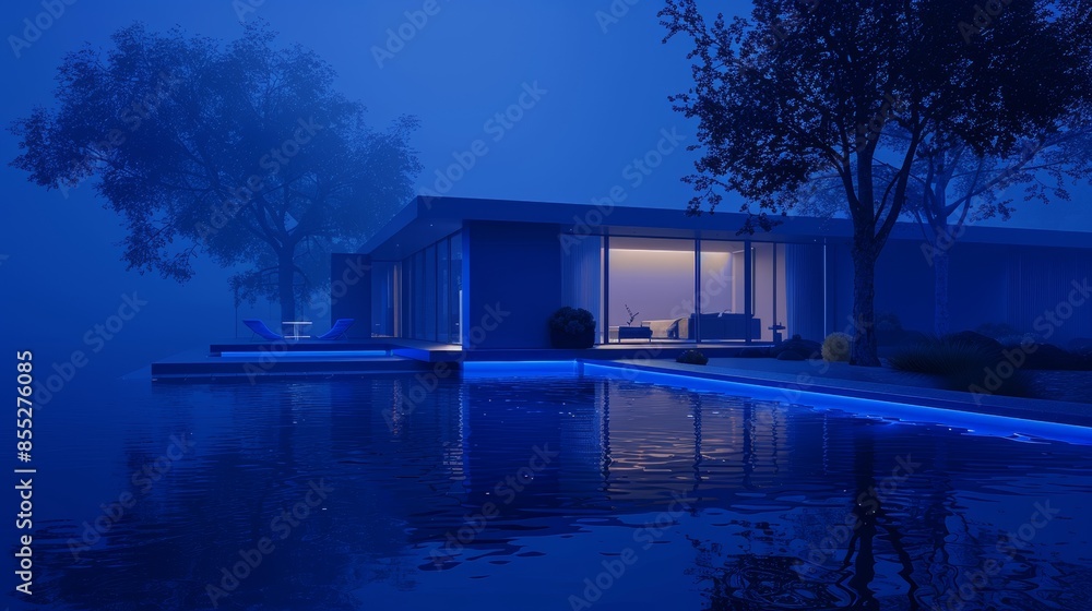 Poster a house with a pool and a tree in the background