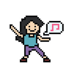 Cute pixel cartoon 8bit character woman exercises training dance lifestyle vector decoration life style 8 bit female girl dance with music game fitness isolated vector.