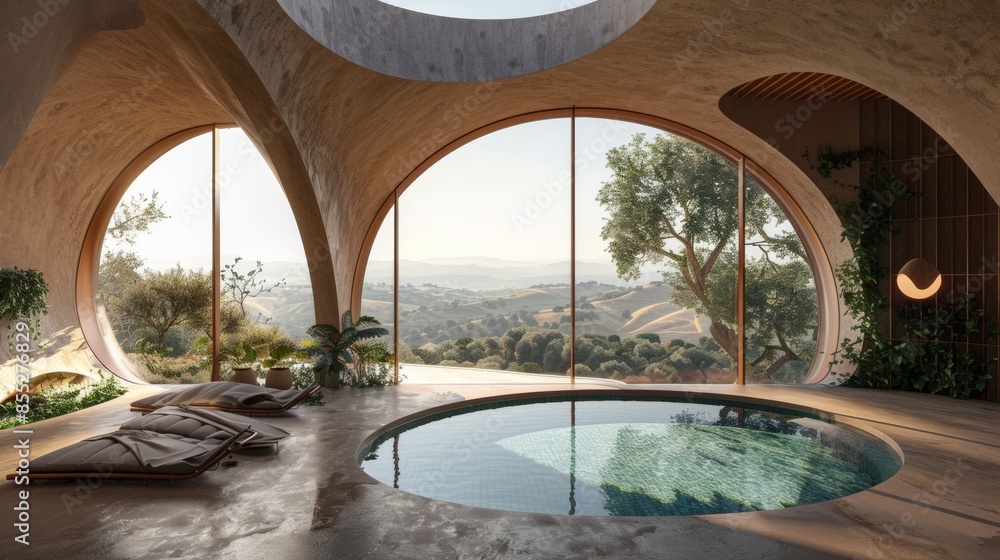 Poster a large, circular pool with a view of the mountains