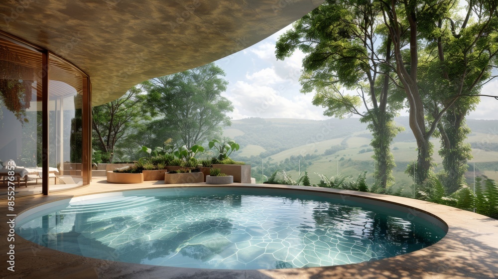 Poster a large pool with a view of the mountains