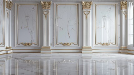 opulent interior of a marble hall with ornate golden columns and elegant picture frames