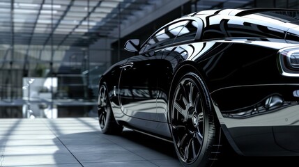 A luxurious black sports car parked in a modern showroom with reflections on its polished surface