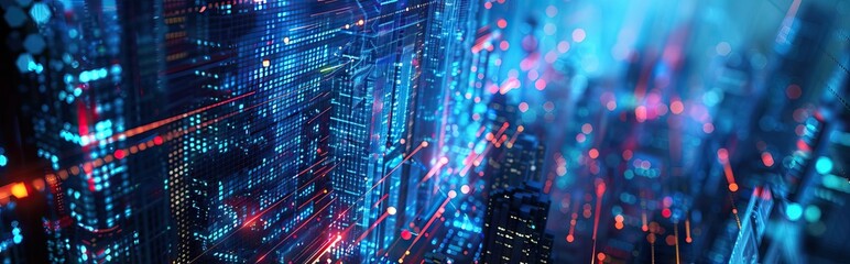 Futuristic city, skyscraper, with wavelengths, abstract color lines, night scene, bright ambience, intricate lights, smart city concept. Digital illustration, mixed media. AI generated illustration