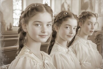 Naklejka premium First communion joy - heartwarming moments of young believers in white dresses, celebrating this sacred Christian sacrament with faith, purity, spirit of spiritual growth in memorable church ceremony.
