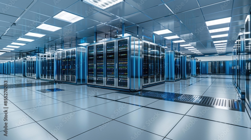Poster an expansive server room with rows of gleaming servers and a tiled floor, lit by bright overhead lig