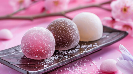 Tray with three mochi of different flavors, beautiful presentation of dessert