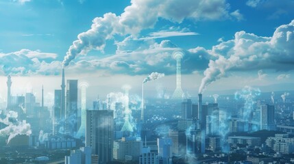 A futuristic city with skyscrapers, smoke rising from factories and digital signals overlayed, against a blue sky with clouds.