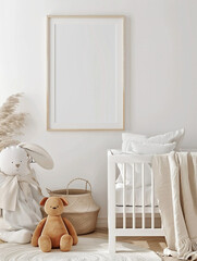 blank poster in a white frame. Around the poster are children's toys and watercolor illustrations