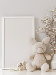 blank poster in a white frame. Around the poster are children's toys and watercolor illustrations