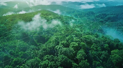 Fototapeta premium A panoramic shot captures a lush green forest from above, overlaid with a digital network visualization.