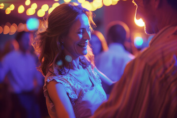 A couple smiling in a dance class or party.