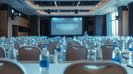 A conference room is set up with rows of chairs and tables, with water bottles placed on each table. The room has a large screen in the back, and the windows let in natural light.