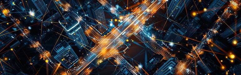 Smart digital city with connection network reciprocity over the cityscape . Concept of future smart wireless digital city and social media networking systems. AI generated illustration