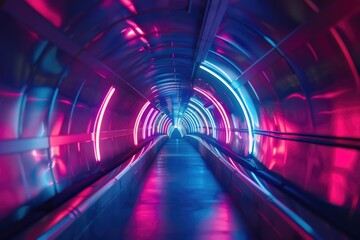 Fototapeta premium A moving escalator inside a brightly lit tunnel with pink and blue lighting