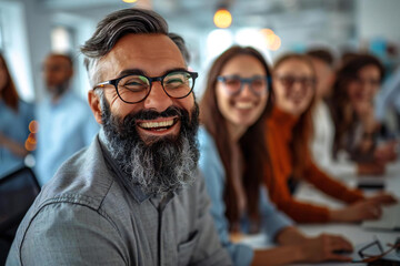 Smartly Dressed Professionals Laughing in White Background Room, Featuring Bearded Man and Computer