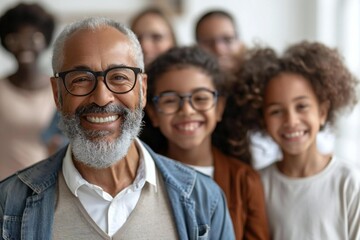 Obraz premium Family Members in Smart Casual Attire Laughing Together with Well-Groomed Male Sporting Beard, Eyeglasses, Against White and Light Gray Background with Blurred Couple in Foreground