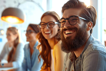 Fototapeta premium Stylish Casual Dress, Bearded Man, and Laughter in Modern Setting
