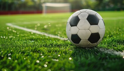 Fototapeta premium Soccer Ball on Green Field with Goal in Background on Sunny Day
