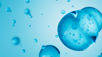 Macro of three drops of blue liquid merge into one with bubbles inside. Skin care serum droplets uniting into one. Cosmetics moisturizer fluid concept. 3d render illustration