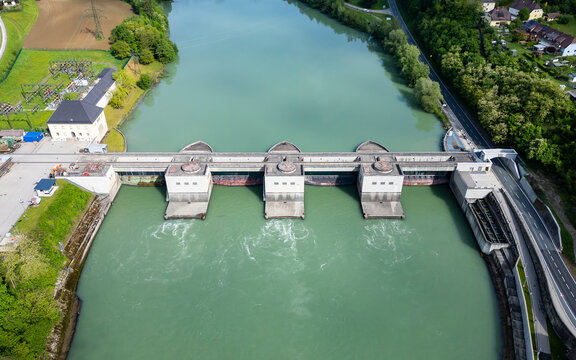 Water power plant at the river Drau in Austria. Hydro electric power production.
