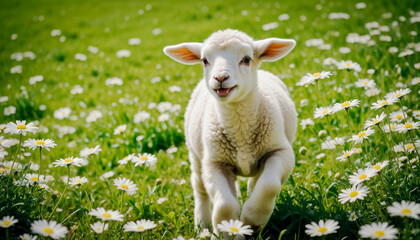 Obraz premium A unique white sheep running in a green meadow