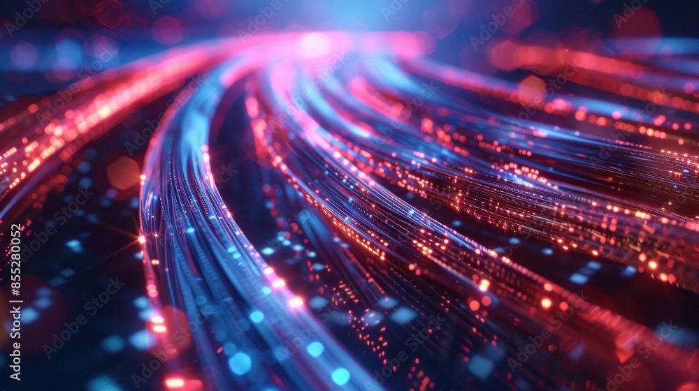 Poster a 3d render of digital lines that are red and blue in color, glowing and winding with a blurred back