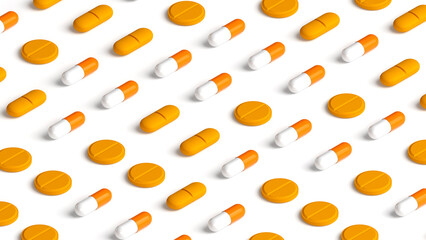 Many white orange capsules, tablets and pills on white background, tablet grid. Drug, tablet, pills top flat view. 3d render illustration