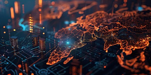 Obraz premium Futuristic city, skyscraper, with wavelengths, abstract color lines, night scene, bright ambience, intricate lights, smart city concept. Digital illustration, mixed media. AI generated illustration