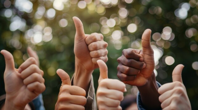 Outdoor collaboration, teamwork, and unity with diversity. group hand in yeah, thank you, or excellent community, trust, and support gesture