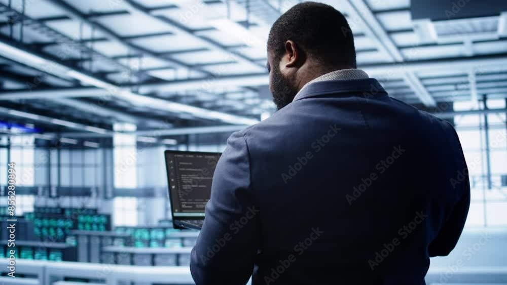 Poster programmer doing yearly maintenance checkup using laptop to prolong data center electronics life spa