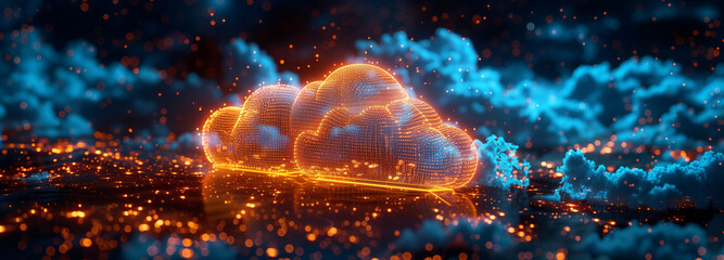 Digital informational technology web futuristic hologram with cloud icon, blue and golden light digits, and code background, cloud computing