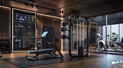 A sleek, modern home gym features high-tech exercise equipment and a large digital screen displaying workout data.