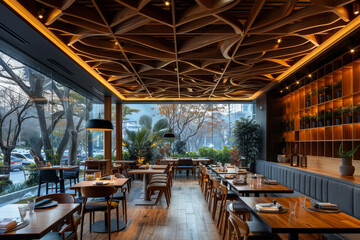 Fototapeta premium Modern Restaurant with Wooden Ceiling