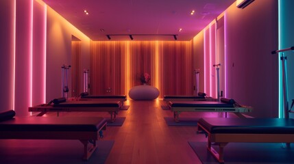 A modern pilates studio with colorful neon lights, wooden floors, and rows of reformers.