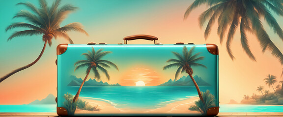 Obraz premium vacation travel time banner, open travel suitcase with an exotic destination inside with copy space area design.