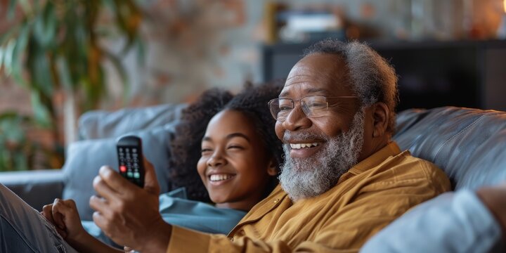Photo of senior couple enjoying TV on sofa with comedy show, movie, or movies at home with love and hug. Biracial watching TV and lounging on couch with elderly companion