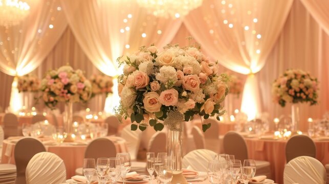 Stunning wedding venue with white linens, floral decor, and cozy lighting. Enjoy a warm and inviting atmosphere for your special day.