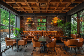 Fototapeta premium Modern Restaurant with Wooden Ceiling