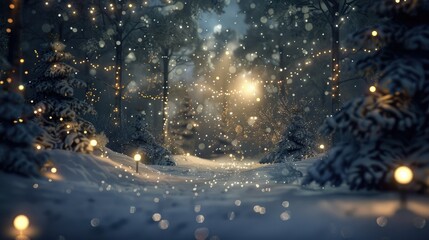 snow falling at night in a snowy dark forest with lights and stars