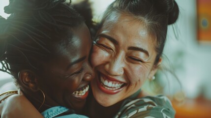 Fototapeta premium Lesbian pair laughing and telling a joke at home. Happy, loving, and smiling interracial lgbtq ladies unite in their modern apartment living room.