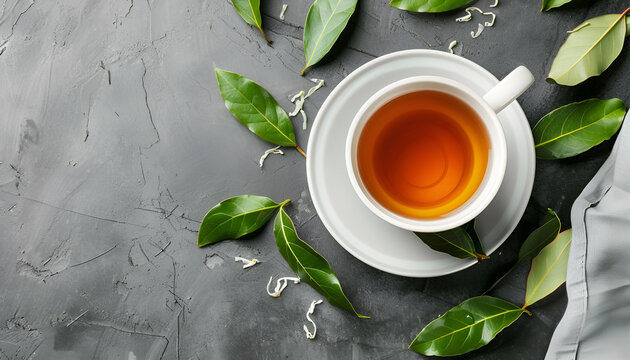 Cup of freshly brewed tea with bay leaves on grey table, top view