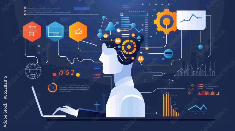 Poster an illustration of a person with a digital brain processing data and connected to various technology