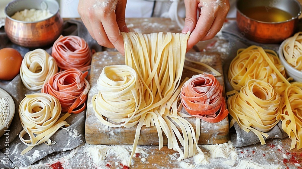 Poster close-up of person cooking pasta at table with surrounding bowls and utensils