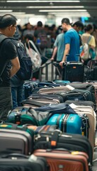 Busy Airport Lost and Found Area with Travelers Searching Through Rows of Luggage