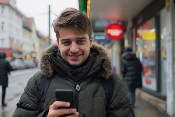 Stylish student man texting on smartphone in city, embracing modern lifestyle and connectivity