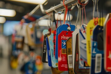 Fototapeta premium Colorful Assortment of Luggage Tags in an Airport Lost and Found Office**