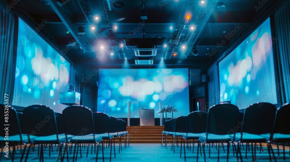 Aufkleber a wide shot of an empty auditorium with a large blue screen in the back. rows of black chairs are se