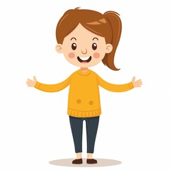 Fototapeta premium Happy Cartoon Girl in Yellow Sweater with Open Arms on White Background